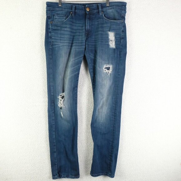 Ed Hardy Jeans Womens 34 Blue Distressed Stone Wash Straight Whiskers Stretch - Picture 1 of 12